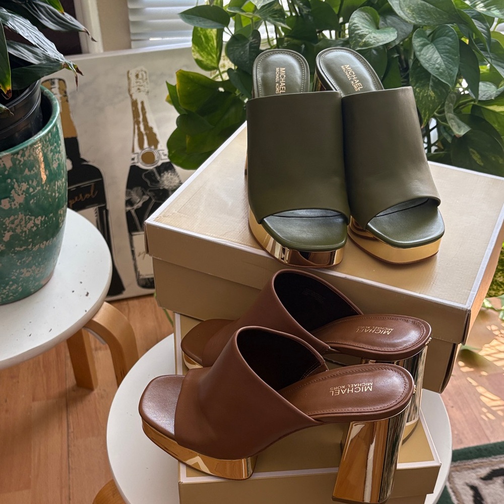 Michael Kors Green and Brown Mules with Gold Heel Bundle-both for the price of 1